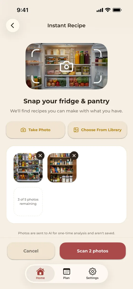 Fridge scan in noBrainer turning a photo of a fridge into meal ideas