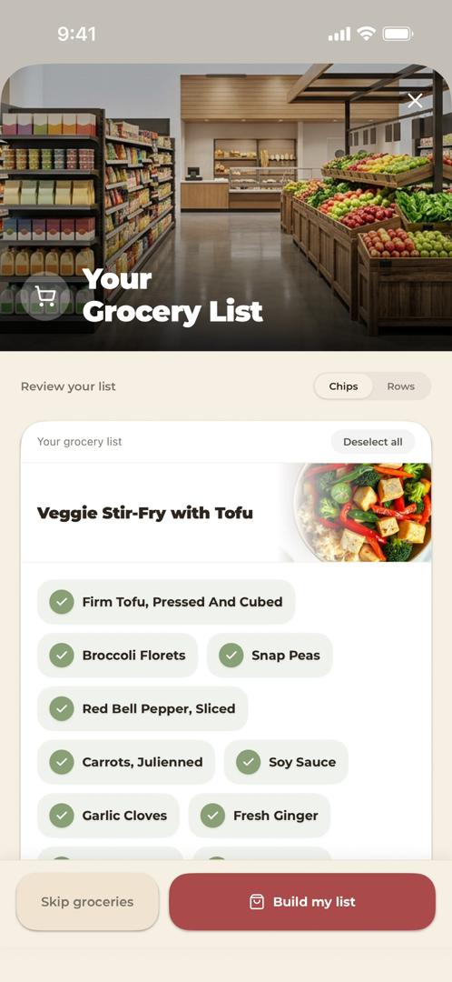 Auto-built grocery list sorted by aisle
