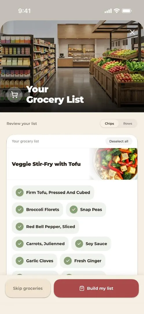 noBrainer grocery list built automatically and sorted by aisle