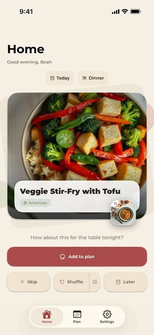 noBrainer home screen suggesting veggie stir-fry with tofu for tonight