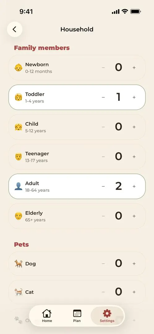 noBrainer household setup — family size, ages, and preferences