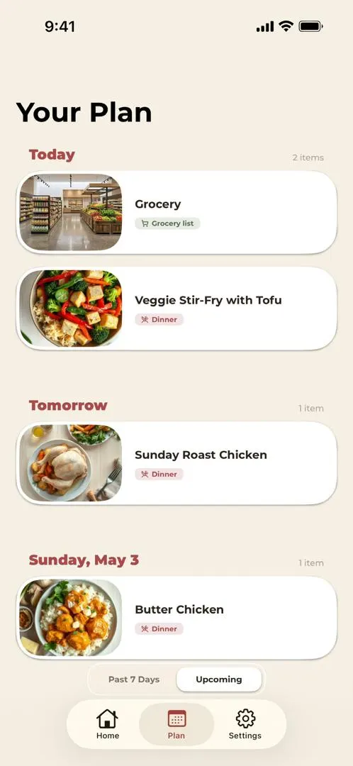 Weekly meal plan in noBrainer with a dinner suggested for each day