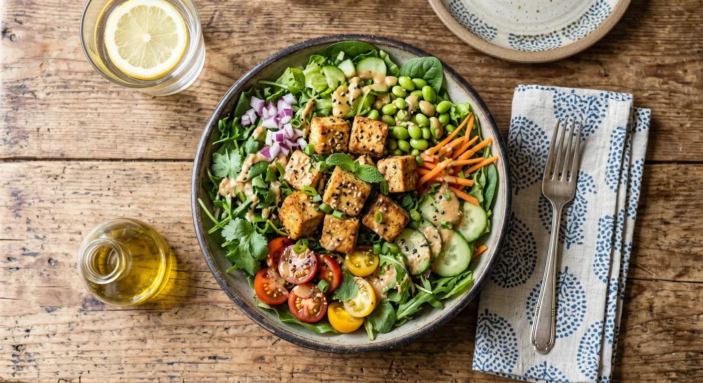 Crispy tofu salad bowl on a wooden table — the kind of dinner noBrainer suggests